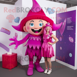 Magenta Tooth Fairy mascot costume character dressed with a Romper and Berets