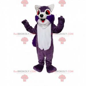 Mascote esquilo roxo e branco super entusiasmado -