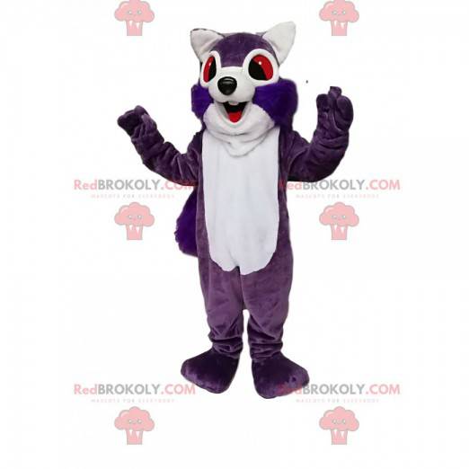 Mascote esquilo roxo e branco super entusiasmado -