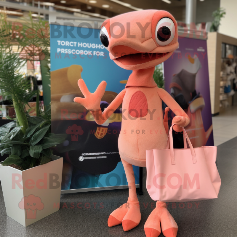 Peach Dimorphodon mascot costume character dressed with a Turtleneck and Tote bags