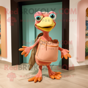 Peach Dimorphodon mascot costume character dressed with a Turtleneck and Tote bags