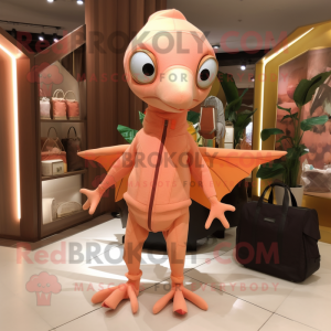Peach Dimorphodon mascot costume character dressed with a Turtleneck and Tote bags