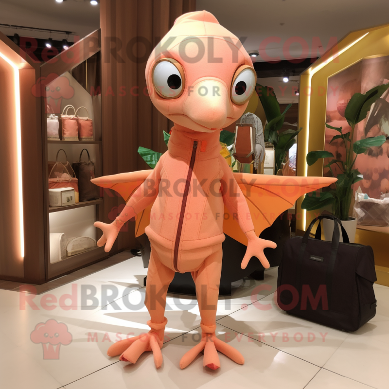 Peach Dimorphodon mascot costume character dressed with a Turtleneck and Tote bags