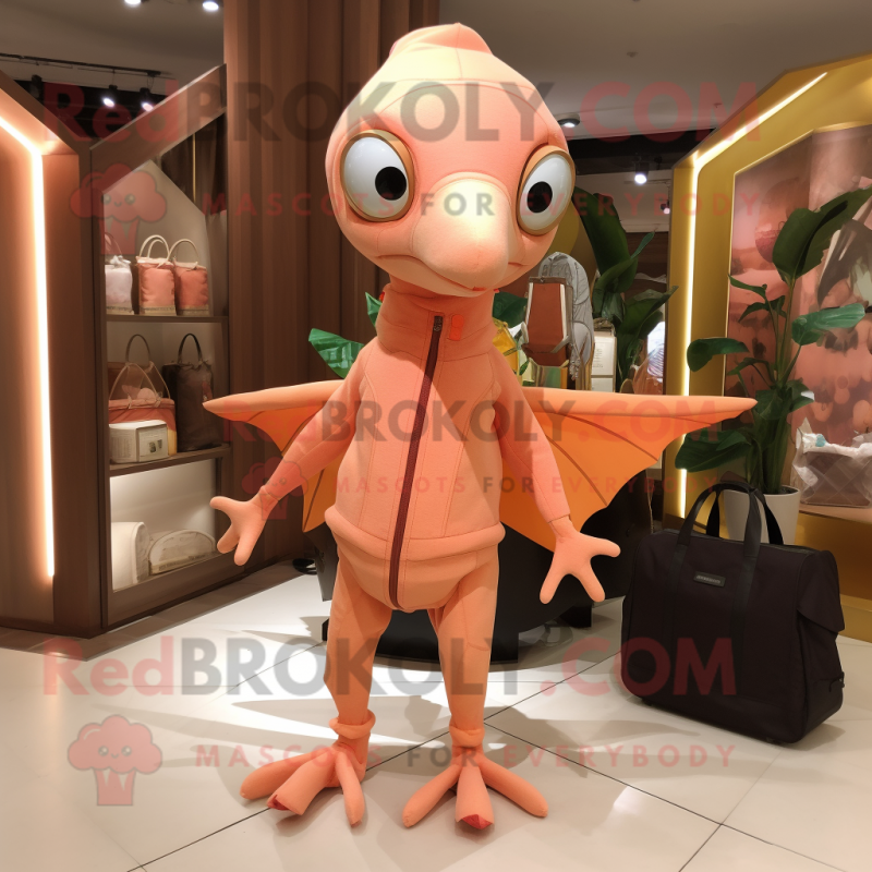 Peach Dimorphodon mascot costume character dressed with a Turtleneck and Tote bags Peach Dimorphodon mascot costume character dressed with a Turtleneck and Tote bags