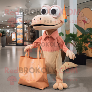 Peach Dimorphodon mascot costume character dressed with a Turtleneck and Tote bags