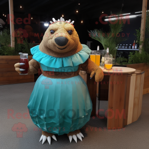 Rust Glyptodon mascot costume character dressed with a Cocktail Dress and Shoe laces