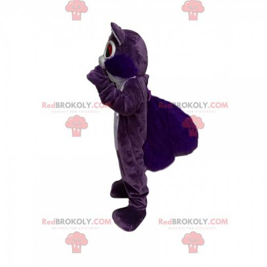 Mascote esquilo roxo e branco super entusiasmado -