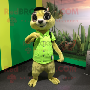 Lime Green Meerkat mascot costume character dressed with a Bermuda Shorts and Lapel pins