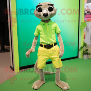 Lime Green Meerkat mascot costume character dressed with a Bermuda Shorts and Lapel pins