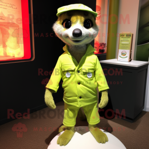 Lime Green Meerkat mascot costume character dressed with a Bermuda Shorts and Lapel pins