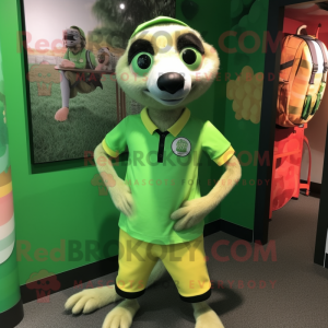 Lime Green Meerkat mascot costume character dressed with a Bermuda Shorts and Lapel pins