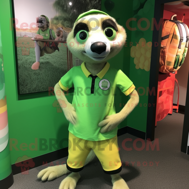 Lime Green Meerkat mascot costume character dressed with a Bermuda Shorts and Lapel pins Lime Green Meerkat mascot costume character dressed with a Bermuda Shorts and Lapel pins