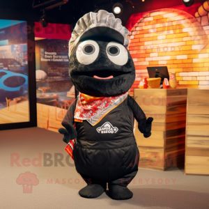 Black Fish Tacos mascot costume character dressed with a Waistcoat and Headbands