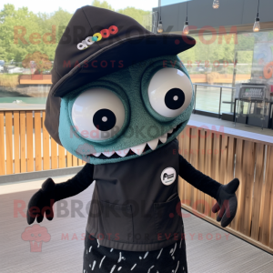 Black Fish Tacos mascot costume character dressed with a Waistcoat and Headbands