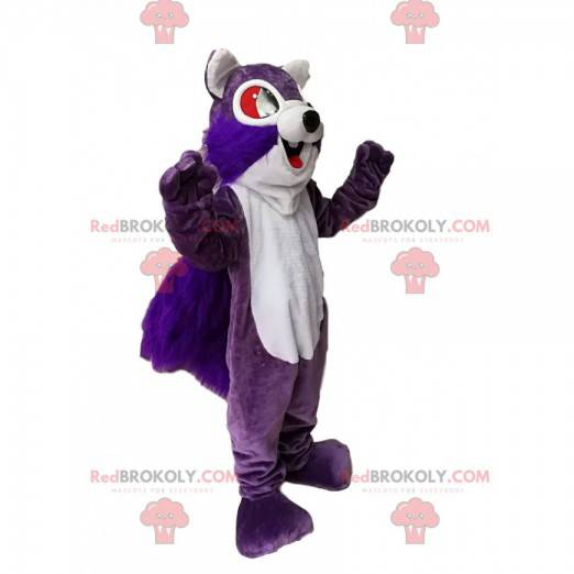 Mascote esquilo roxo e branco super entusiasmado -