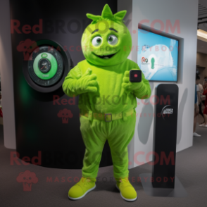 Lime Green Pendant mascot costume character dressed with a Corduroy Pants and Smartwatches