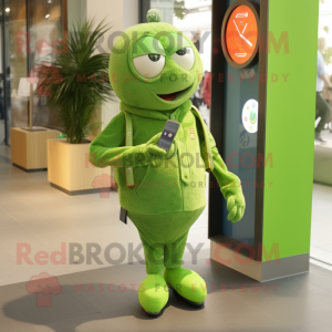 Lime Green Pendant mascot costume character dressed with a Corduroy Pants and Smartwatches