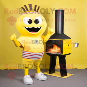 Lemon Yellow Bbq Ribs mascot costume character dressed with a Leggings and Watches