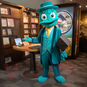 Teal Plate Spinner mascot costume character dressed with a Suit Jacket and Messenger bags