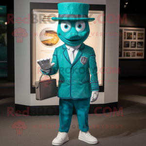 Teal Plate Spinner mascot costume character dressed with a Suit Jacket and Messenger bags