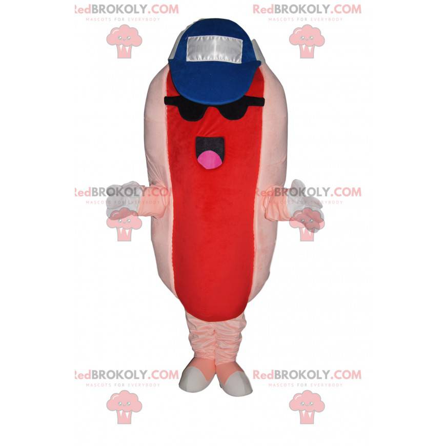 Mascote de cachorro-quente com boné e óculos escuros -