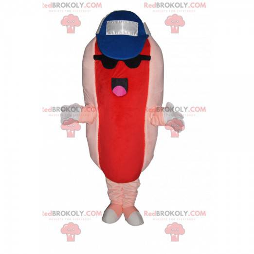 Mascotte hot dog con berretto e occhiali da sole -