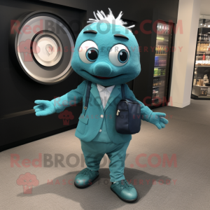 Teal Plate Spinner mascot costume character dressed with a Suit Jacket and Messenger bags