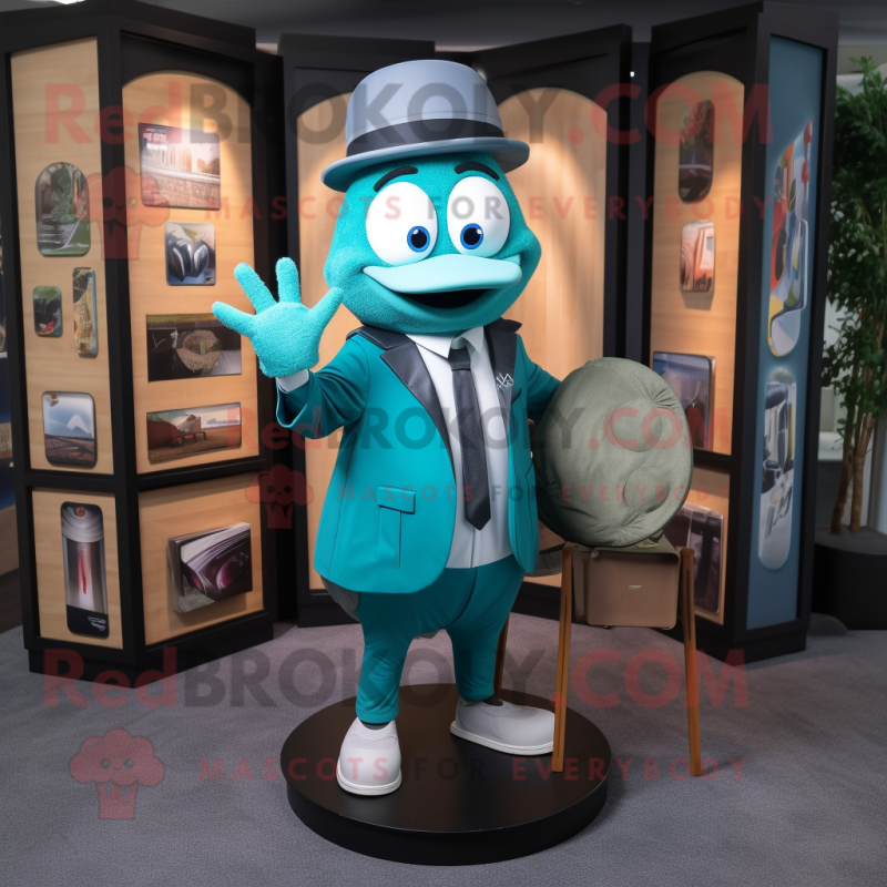 Teal Plate Spinner mascot costume character dressed with a Suit Jacket and Messenger bags