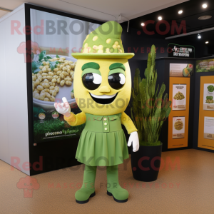 Olive Pop Corn mascot costume character dressed with a A-Line Dress and Cufflinks