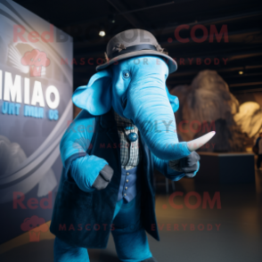 Blue Mammoth mascot costume character dressed with a Waistcoat and Smartwatches