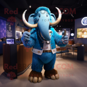 Blue Mammoth mascot costume character dressed with a Waistcoat and Smartwatches