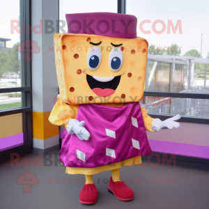 Magenta Grilled Cheese Sandwich mascot costume character dressed with a Wrap Skirt and Tie pins