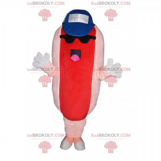 Mascotte hot dog con berretto e occhiali da sole -