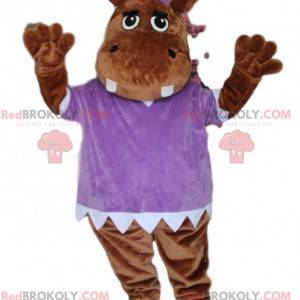 Mascot hipopótamo marrón, con una blusa morada - Redbrokoly.com