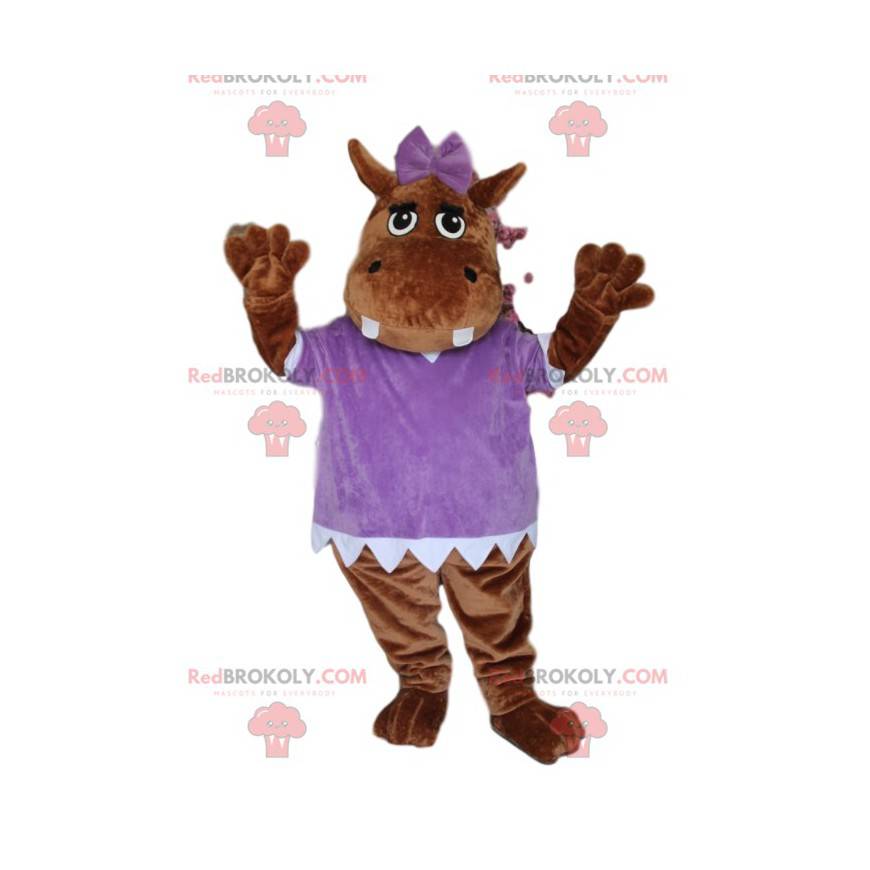 Mascot brown hyppopotamus, with a purple blouse - Redbrokoly.com