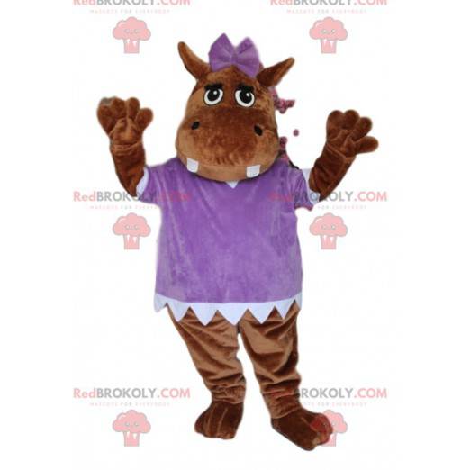 Bruine hyppopotamus mascotte, met een paarse blouse -