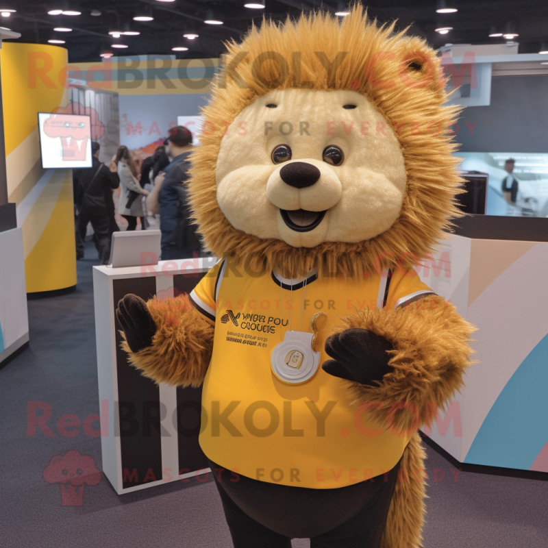 Gold Porcupine mascot costume character dressed with a Button-Up Shirt and Mittens Gold Porcupine mascot costume character dressed with a Button-Up Shirt and Mittens