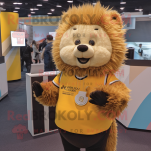 Gold Porcupine mascot costume character dressed with a Button-Up Shirt and Mittens