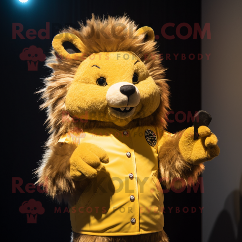 Gold Porcupine mascot costume character dressed with a Button-Up Shirt and Mittens