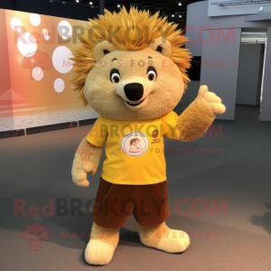 Gold Porcupine mascot costume character dressed with a Button-Up Shirt and Mittens