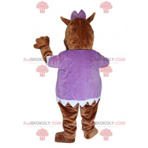 Maskottchen brauner Hyppopotamus, mit einer lila Bluse -