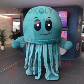 Teal Jellyfish mascot costume character dressed with a Playsuit and Wraps