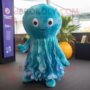 Teal Jellyfish mascot costume character dressed with a Playsuit and Wraps