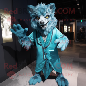 Cyan Werewolf mascot costume character dressed with a Suit and Shawls