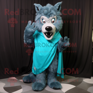 Cyan Werewolf mascot costume character dressed with a Suit and Shawls