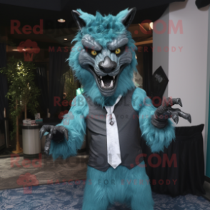 Cyan Werewolf mascot costume character dressed with a Suit and Shawls