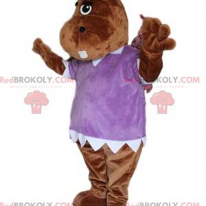 Maskottchen brauner Hyppopotamus, mit einer lila Bluse -