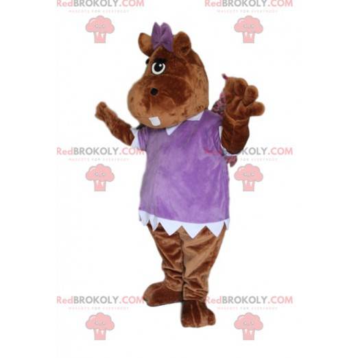 Maskottchen brauner Hyppopotamus, mit einer lila Bluse -