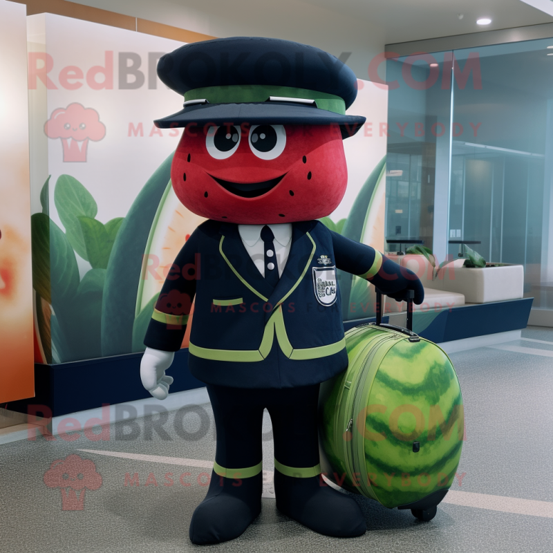 Navy Watermelon mascot costume character dressed with a Tuxedo and Backpacks Navy Watermelon mascot costume character dressed with a Tuxedo and Backpacks