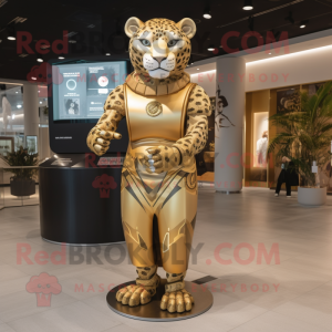 Gold Jaguar mascot costume character dressed with a Empire Waist Dress and Smartwatches